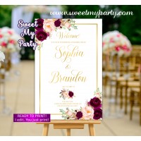 Burgundy Wedding Welcome Sign,Floral Wedding Welcome sign,(61dw)